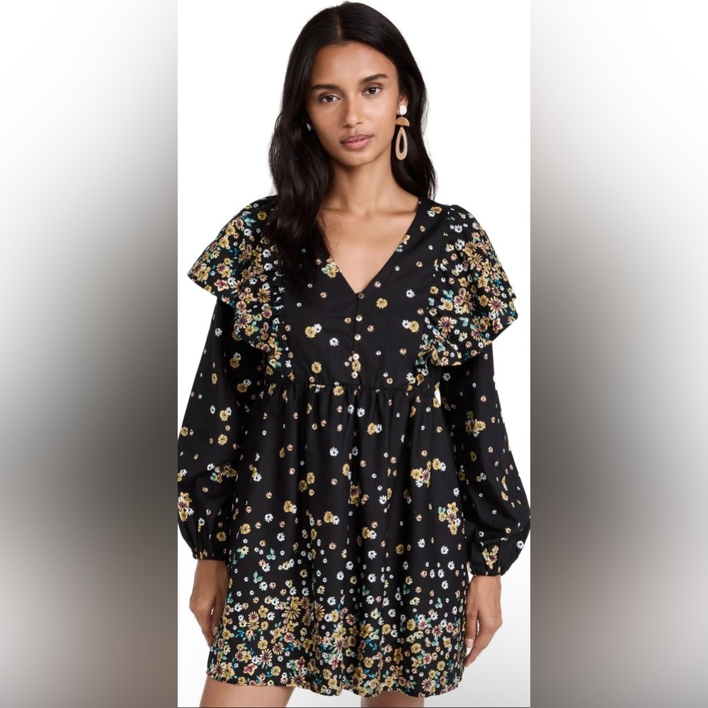 Lost + Wander Field of Dreams Black Floral Long Slv Dress Ruffle Boho Prairie